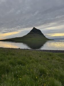 Kirkjufell mountain peak at sunset, located on the Snæfellsnes Peninsula in Iceland.