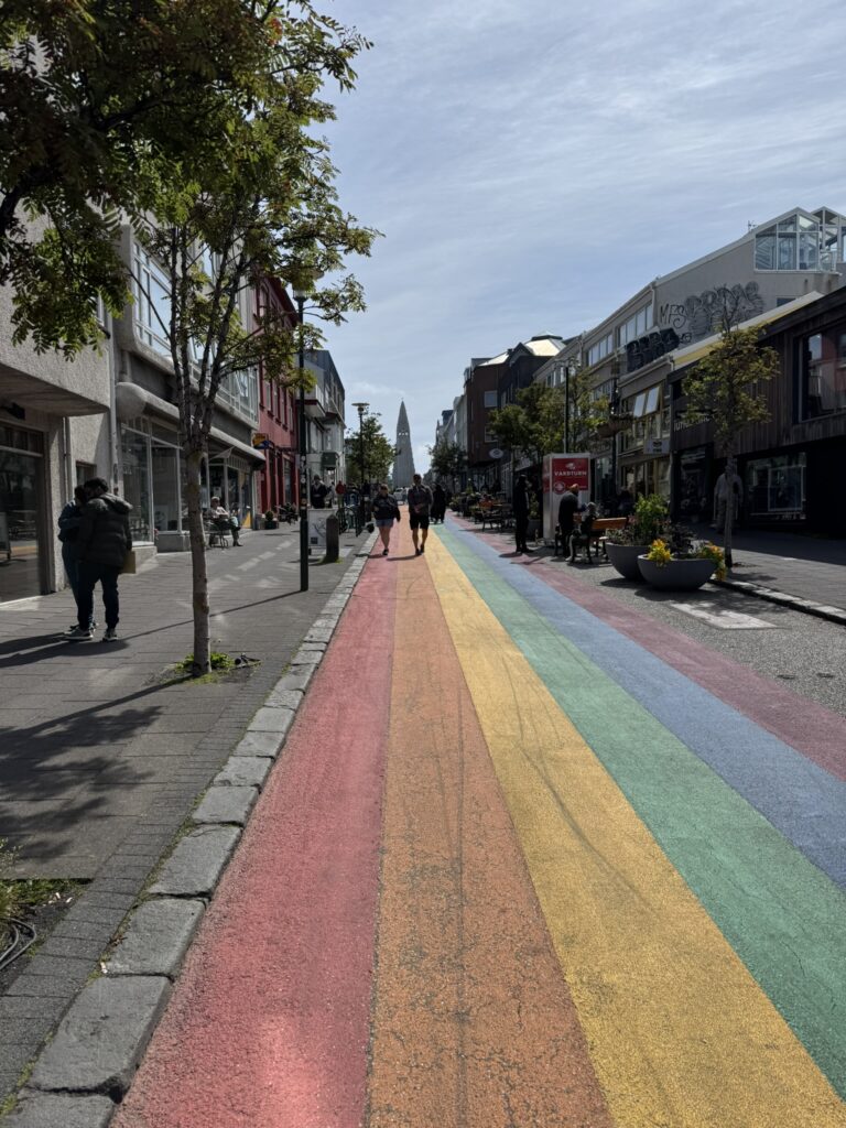 Vibrant Laugavegur shopping street in downtown Reykjavik with colorful buildings and Icelandic boutiques