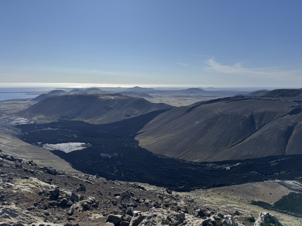 The steaming black lava fields near Grindavík on the Reykjanes Peninsula, formed by recent volcanic eruptions