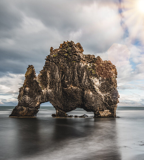 The 15-meter tall basalt sea stack Hvítserkur, resembling a drinking dragon, on the Vatnsnes Peninsula