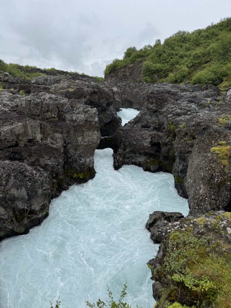 The powerful turquoise waters of Barnafoss rushing through a narrow volcanic gorge in West Iceland
