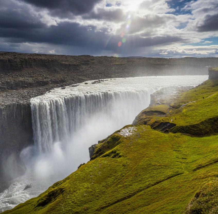 The massive and powerful Dettifoss waterfall plunging into the Jökulsárgljúfur canyon in North Iceland