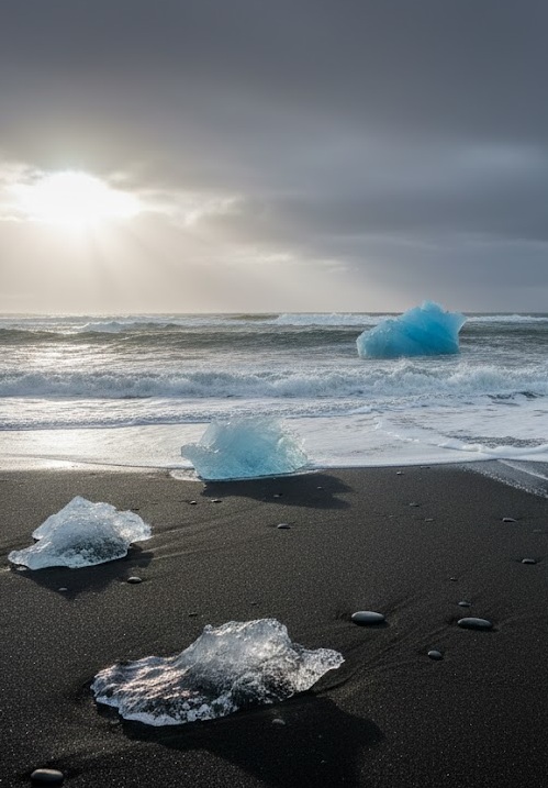 Glittering icebergs scattered like diamonds on the black volcanic sand of Diamond Beach in South Iceland
