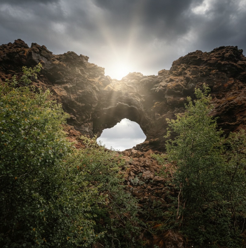 The dramatic 'Dark Castles' of Dimmuborgir lava field with its unique rock pillars and the Kirkjan cave formation