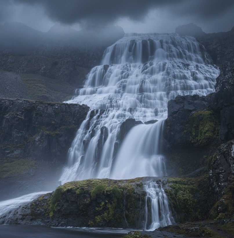 The massive fan-shaped Dynjandi waterfall cascading over basalt tiers in the Westfjords of Iceland