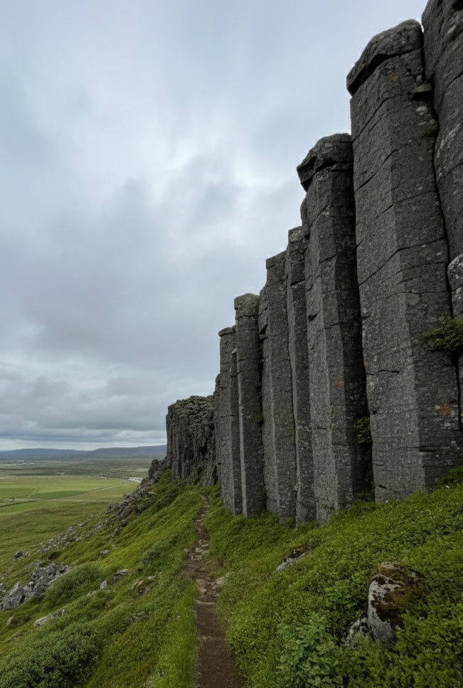 The massive wall of hexagonal basalt columns at Gerðuberg on the Snæfellsnes Peninsula