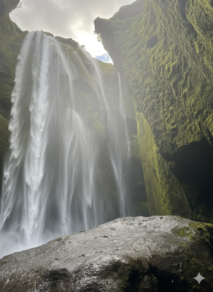 Hidden Gljufrabui waterfall inside a narrow mossy canyon on the South Coast of Iceland