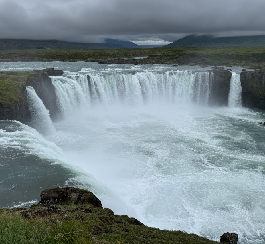 The majestic crescent-shaped Goðafoss waterfall in North Iceland with its turquoise glacial water and basalt cliffs