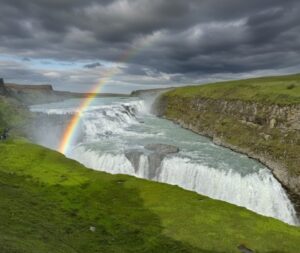 The powerful two-tiered Gullfoss waterfall plunging into the Hvítá canyon on the Golden Circle in Iceland