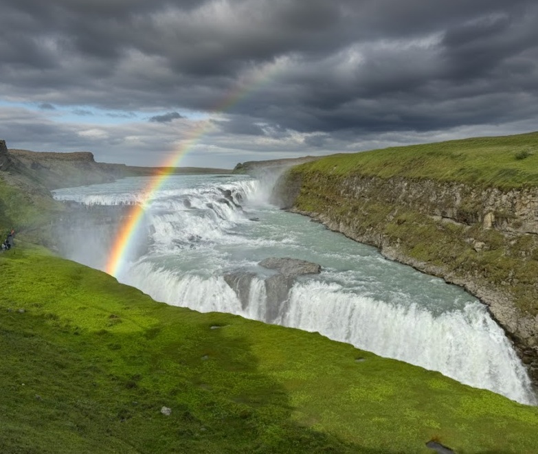The powerful two-tiered Gullfoss waterfall plunging into the Hvítá canyon on the Golden Circle in Iceland