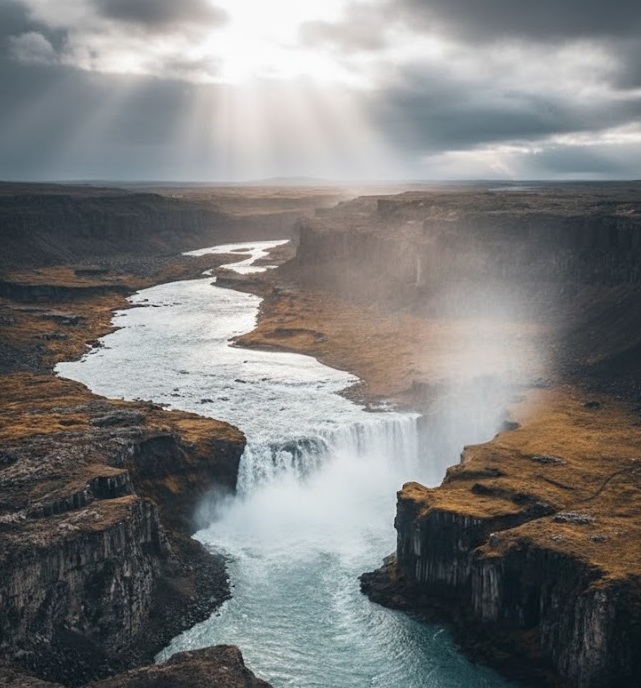 The powerful Hafragilsfoss waterfall viewed from above the deep Jökulsárgljúfur canyon in North Iceland