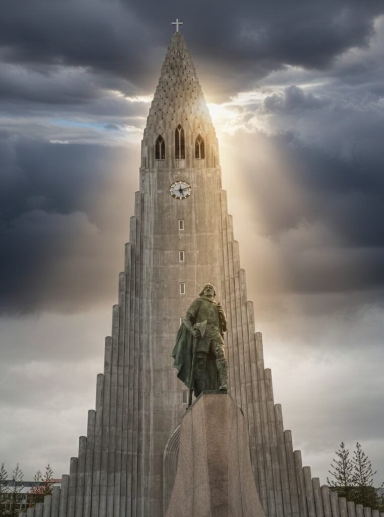 The iconic Hallgrimskirkja church in Reykjavik with its basalt-inspired tower and the Leif Eriksson statue