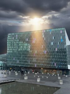 The modern Harpa Concert Hall in Reykjavik featuring its unique geometric glass facade by Olafur Eliasson