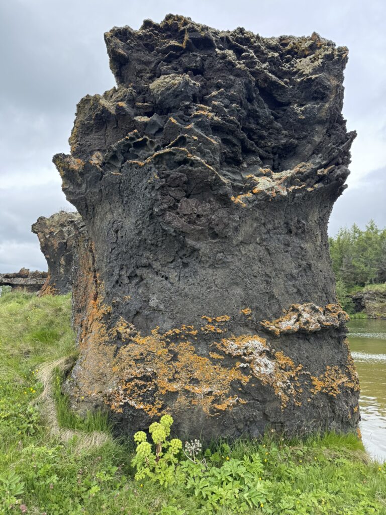 The unique Klastar lava pillars rising from the water at Kálfaströnd on the shore of Lake Mývatn