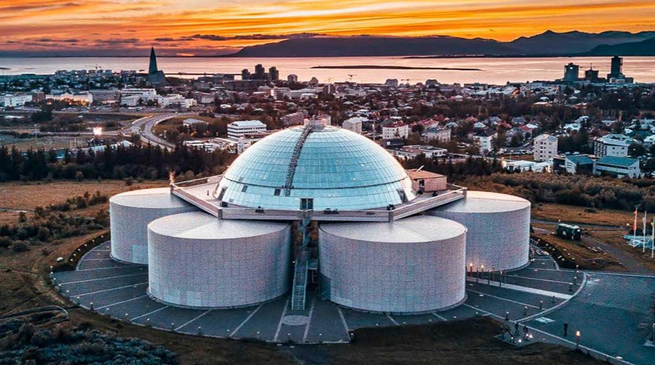 The futuristic Perlan museum dome on Oskjuhlid hill with a 360-degree observation deck in Reykjavik