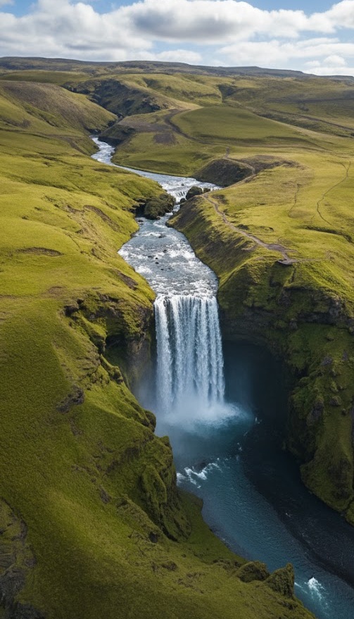 High-angle aerial drone shot of the massive Skógafoss waterfall and the steep observation staircase in South Iceland