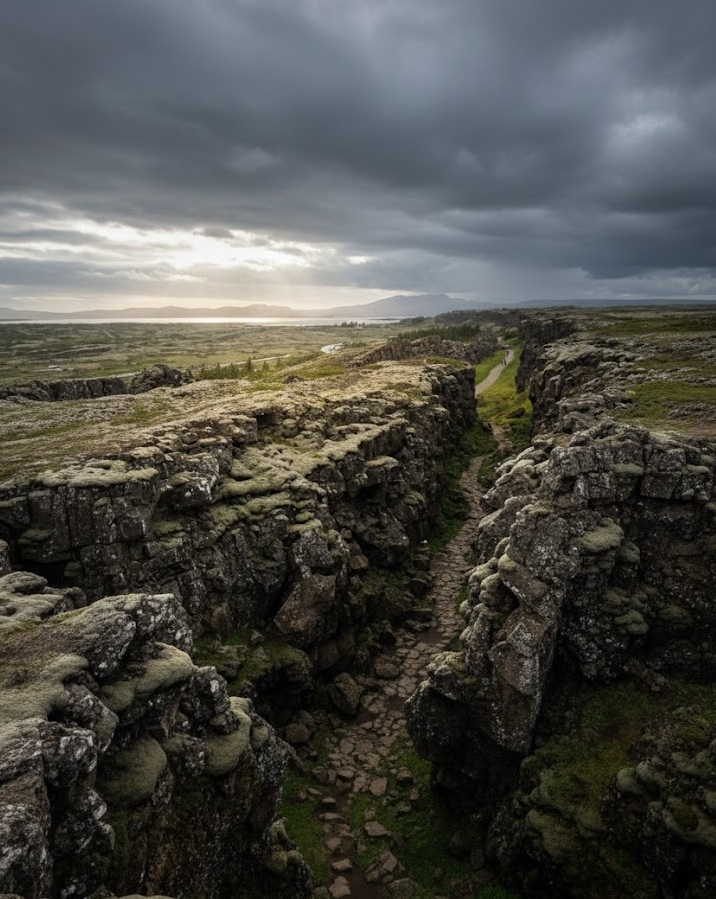 Walking path through Almannagjá gorge in Þingvellir National Park Iceland where tectonic plates meet