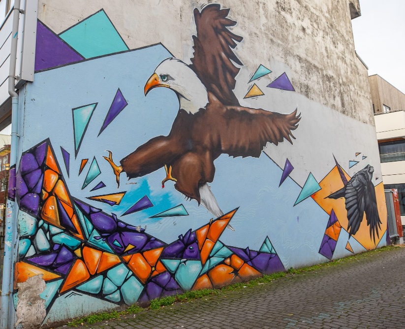 Close-up of a large-scale realistic eagle mural painted on a gray concrete building in downtown Reykjavik, Iceland.
