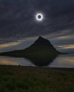 The total solar eclipse of 2026 over Kirkjufell mountain  on the Snæfellsnes Peninsula, Iceland.
