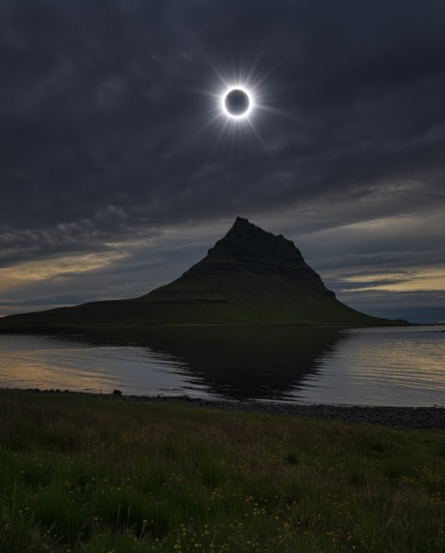 Illustration of how a total solar eclipse could look over Kirkjufell mountain on the Snaefellsnes peninsula