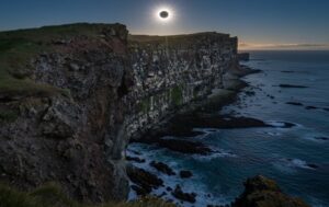 Total solar eclipse 2026 at Látrabjarg cliffs in the Westfjords, Iceland—the location with the longest totality duration on land.