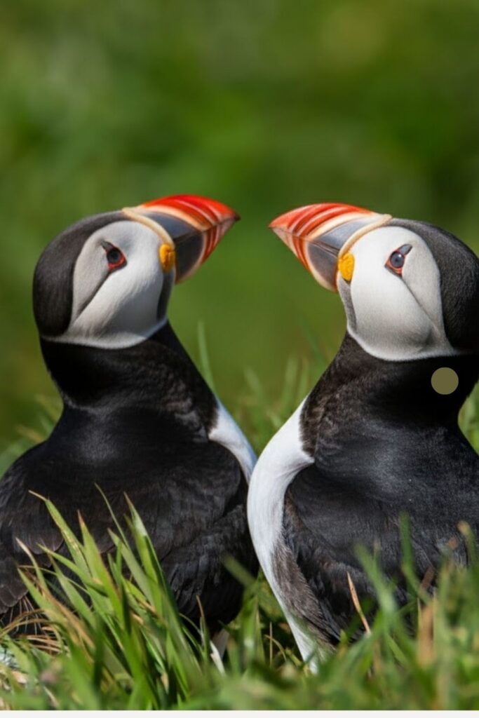Close-up of Atlantic puffins nesting at the Borgarfjörður Eystri bird viewing platform in East Iceland.