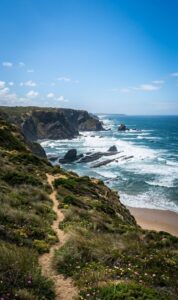 Narrow hiking path along the Fishermen's Trail in Portugal with wildflowers and Atlantic coastline