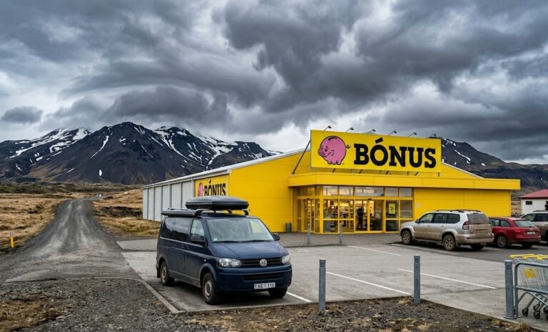 Bónus supermarket Iceland with campervan parked outside, overcast sky