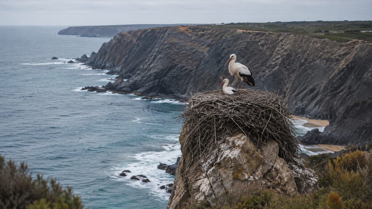 White storks nesting on a sea stack at Cabo Sardão on the Fishermen&rsquo;s Trail, Portugal