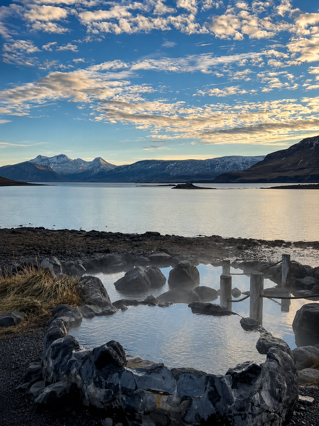 Stone-rimmed geothermal pool at Hvammsvik Hot Springs with steam rising, looking across Hvalfjordur to snow-capped mountains in Iceland