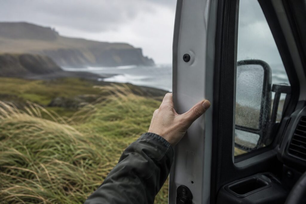 Hand holding a campervan door against strong wind on the Icelandic coast