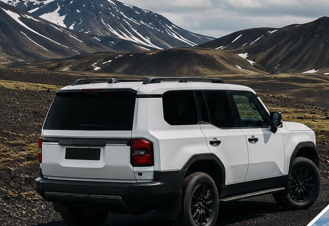 White Toyota Land Cruiser 4x4 from Lava Car Rental on a gravel road in the Icelandic Highlands