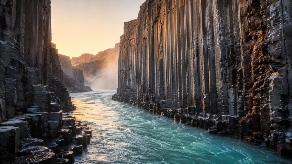 Studlagil Canyon east side at sunrise with basalt columns on the Iceland Ring Road itinerary