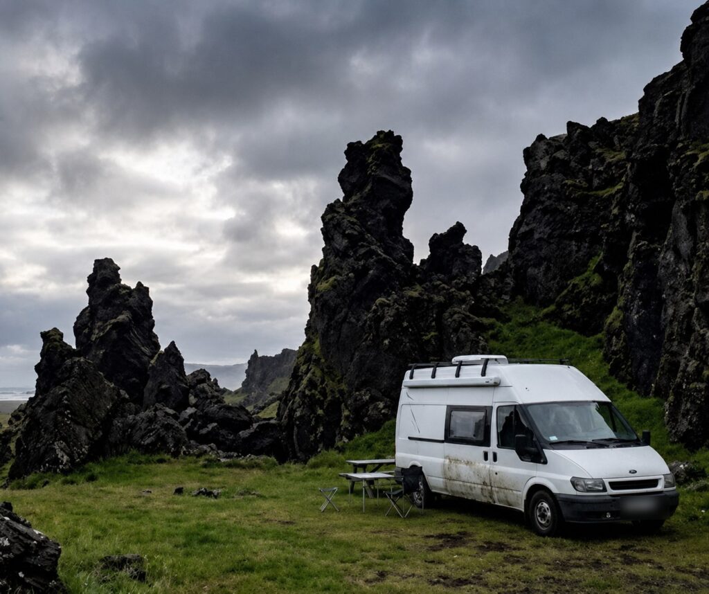 Campervan parked between black lava pillars at Hellissandi campsite on the Snæfellsnes peninsula, Iceland