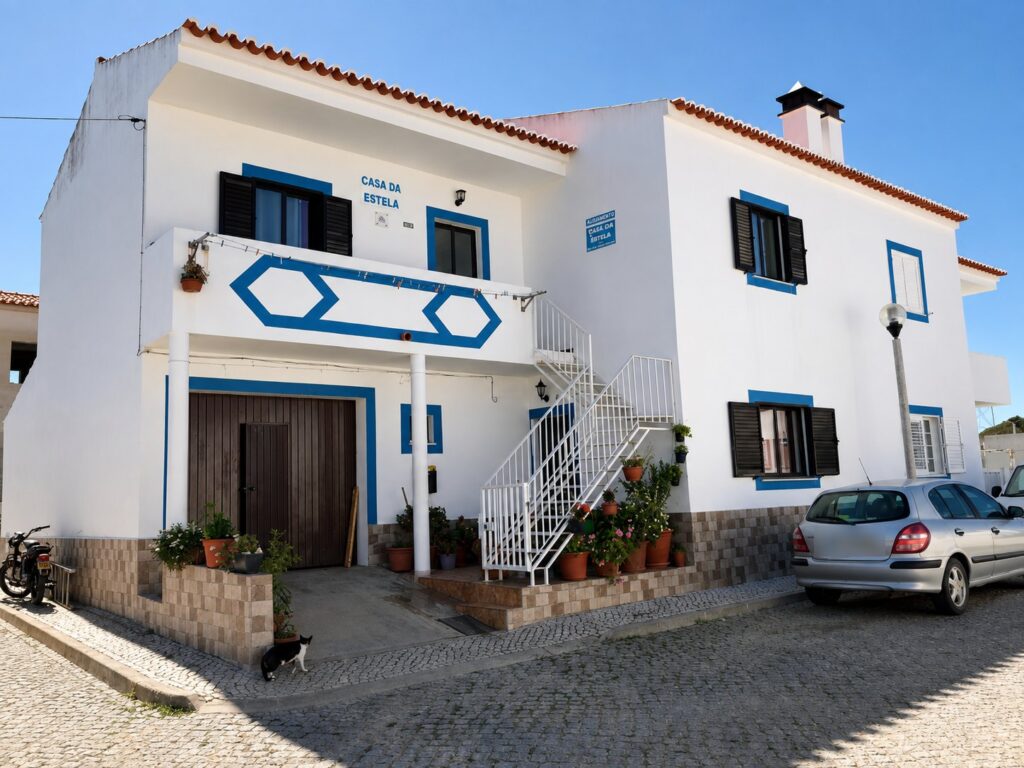 The blue and white facade of Casa Da Estela guesthouse in Carrapateira, a stop on the Fishermen’s Trail in Portugal