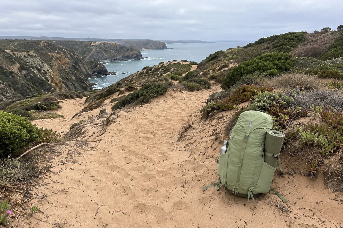 Sandy dune section of the Fishermen’s Trail with a backpack