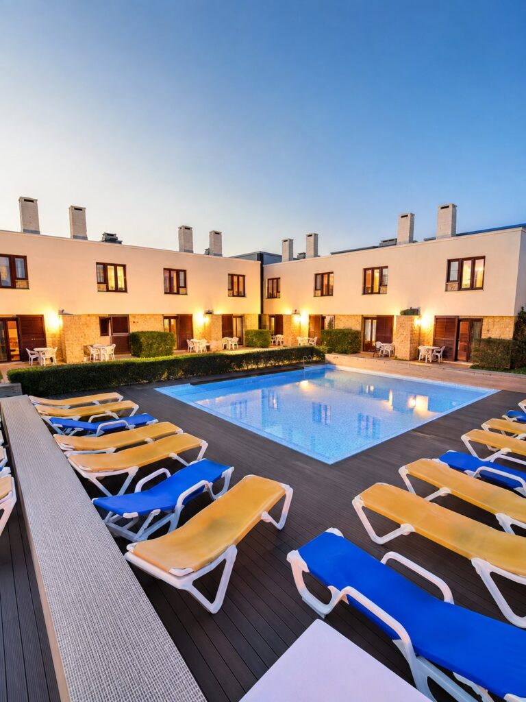 Pool courtyard at Hotel Apartamento Porto Covo at dusk, the first overnight stop on the Fishermen’s Trail in Portugal