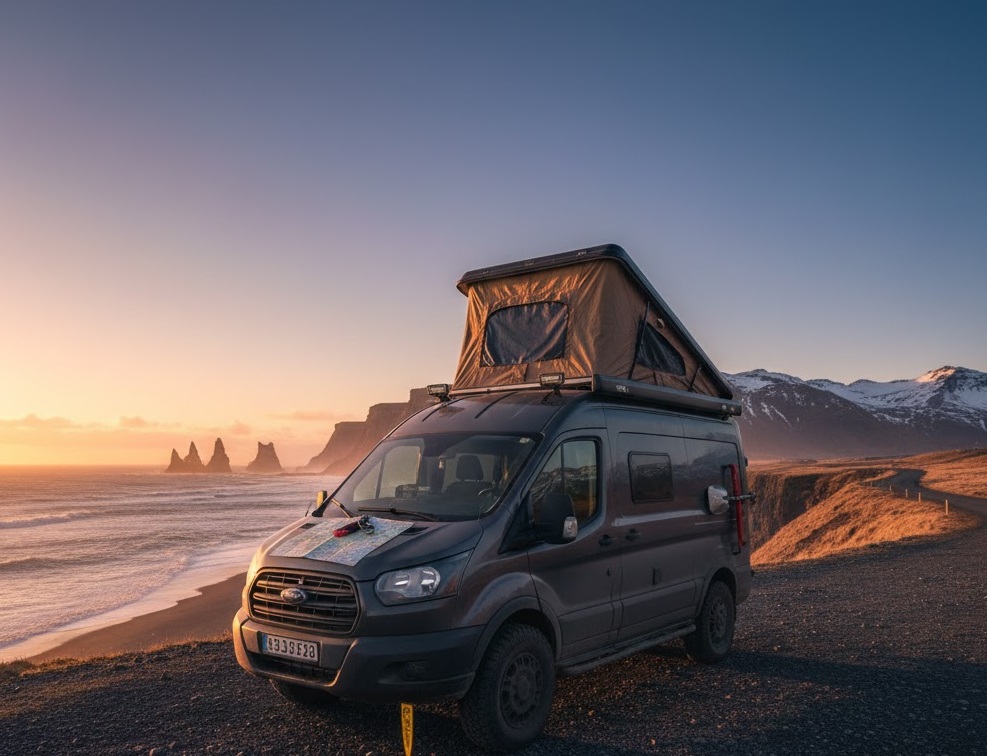 Campervan with a roof tent parked above a black sand coast in Iceland