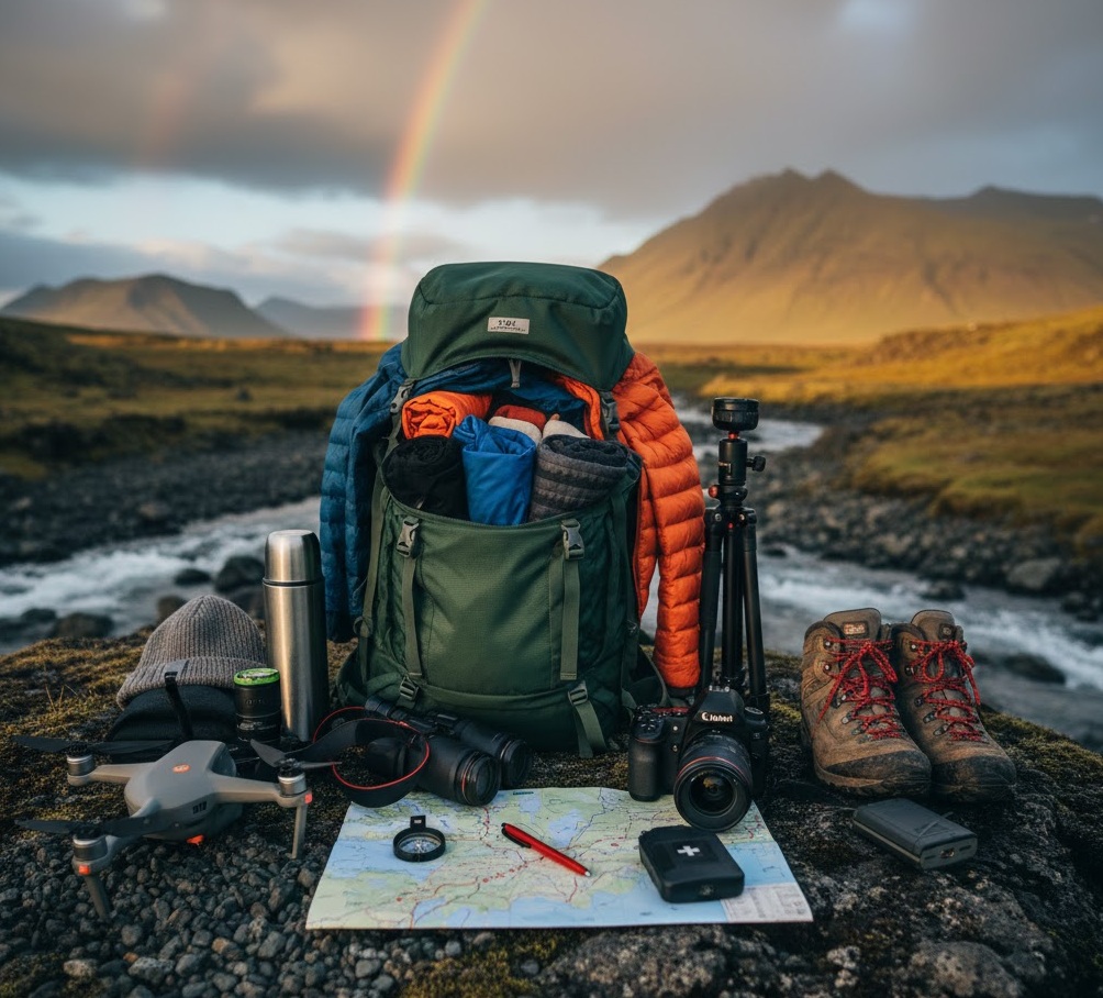 Backpack, boots and outdoor gear packed for two weeks in an Iceland campervan