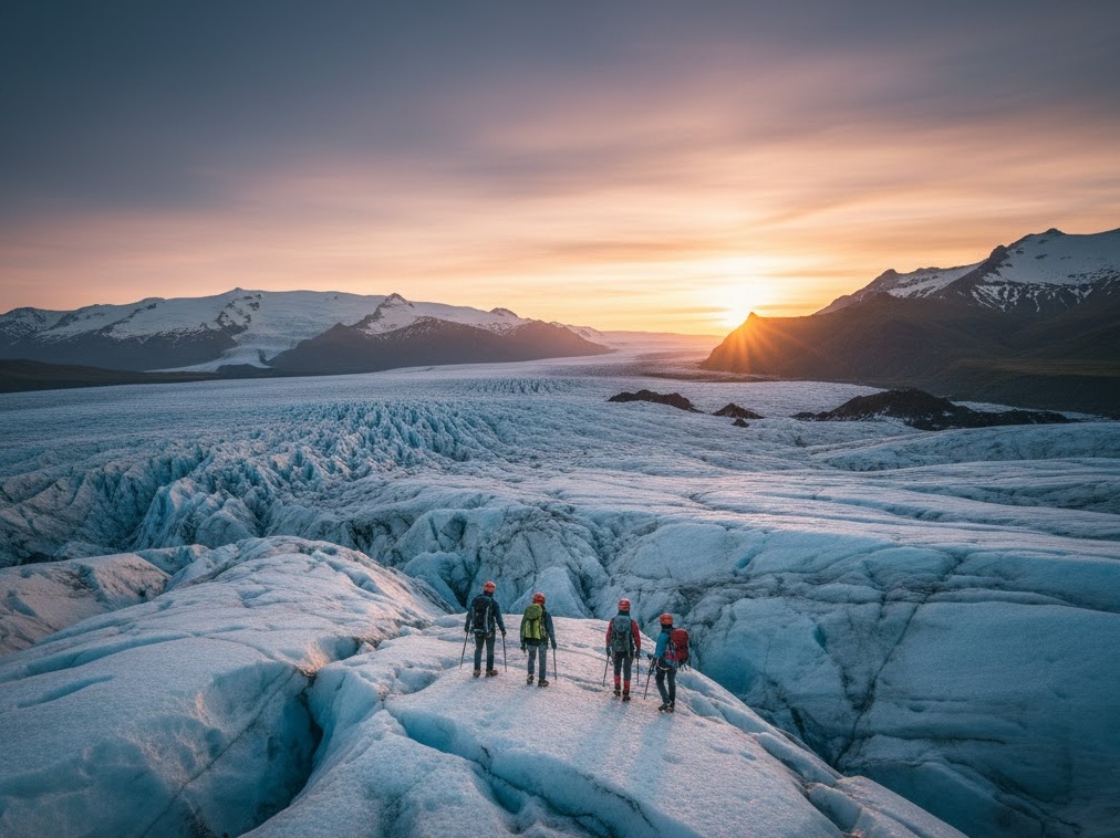 Guided group walking roped up across an Icelandic glacier