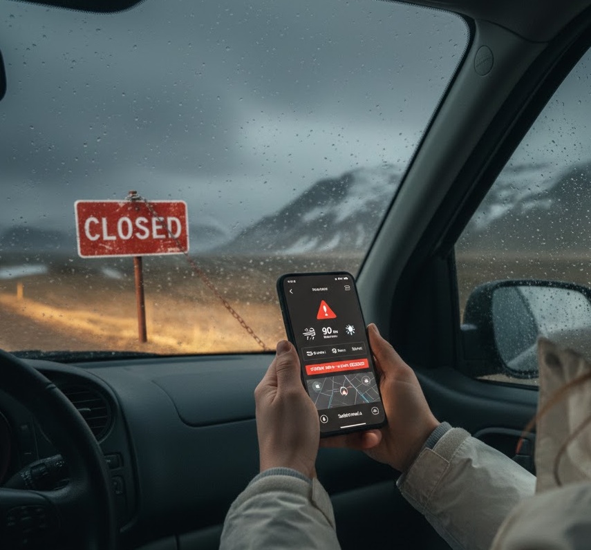 Checking an Icelandic road conditions app on a phone from inside a car