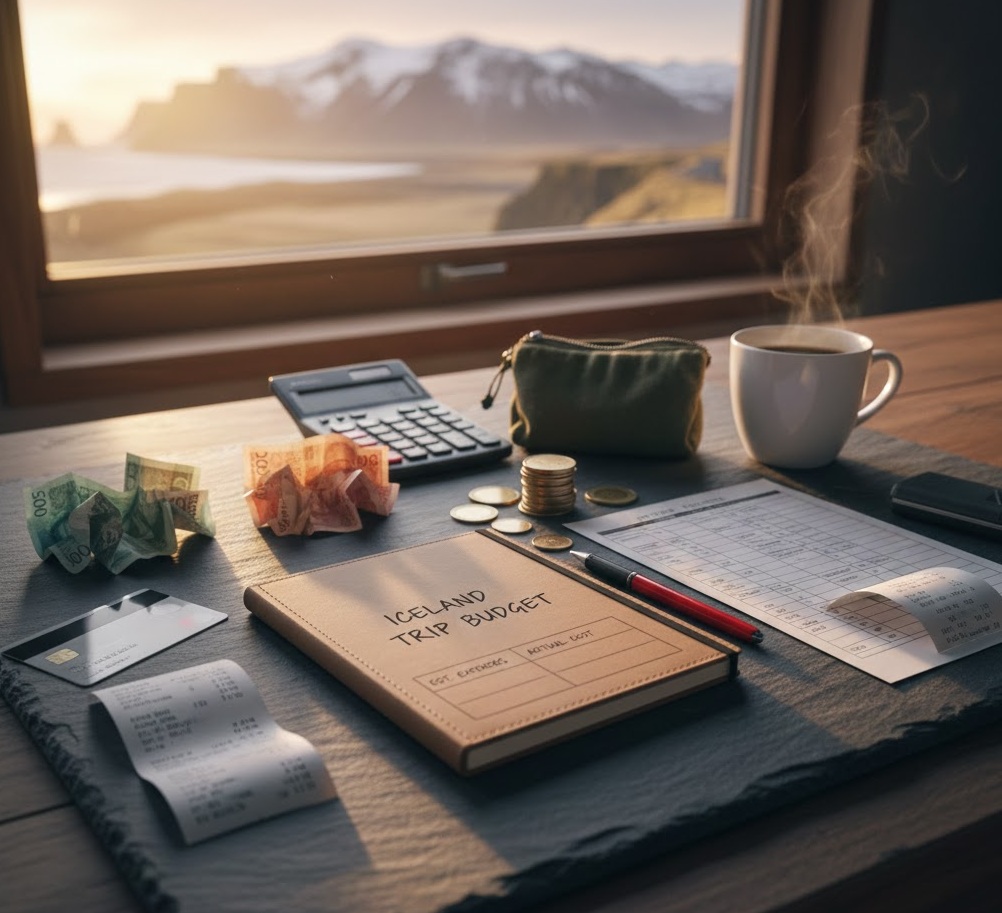 Notebook, calculator and cash on a desk while planning an Iceland trip budget