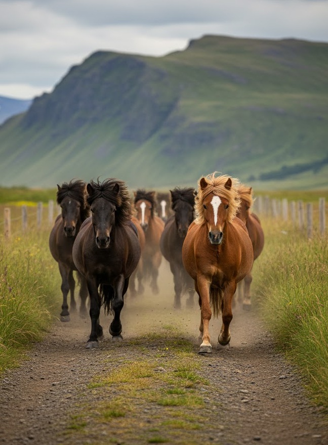 Icelandic horses standing in a lava field