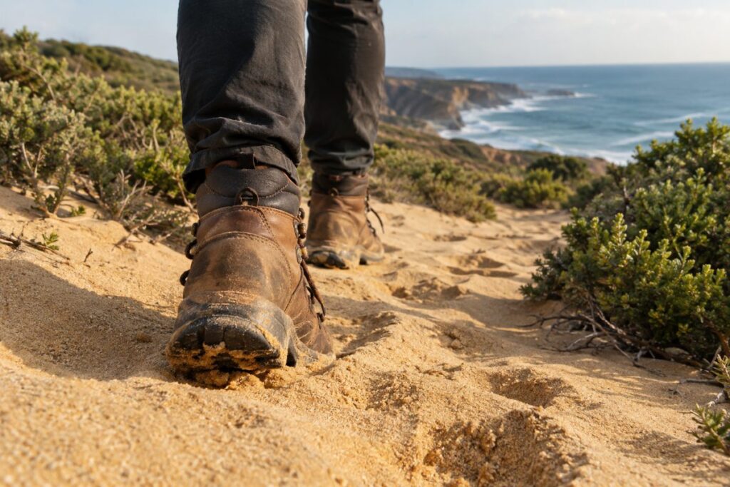 Broken-in hiking boots on a sandy stretch of the Fishermen’s Trail Portugal